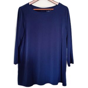 Susan Graver Liquid Knit Blouse Navy Blue 3/4 Sleeve Blouse L Stretch Mature